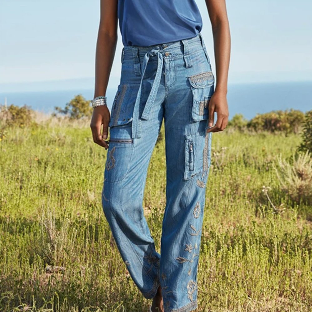 Johnny Was Biya Aventura Embroidered Cargo Denim Pants